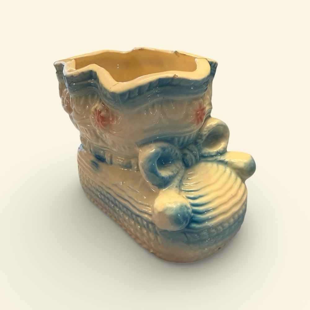 Vintage Rubens Blue Ceramic Baby Bootie Planter Nursery Decor